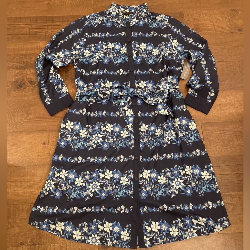 Lane Bryant NWT Blue Floral Dress Button Down Office Long Sleeve Plus Size 14